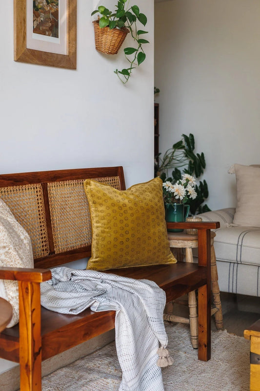 Block print mustard cushion cover and throw