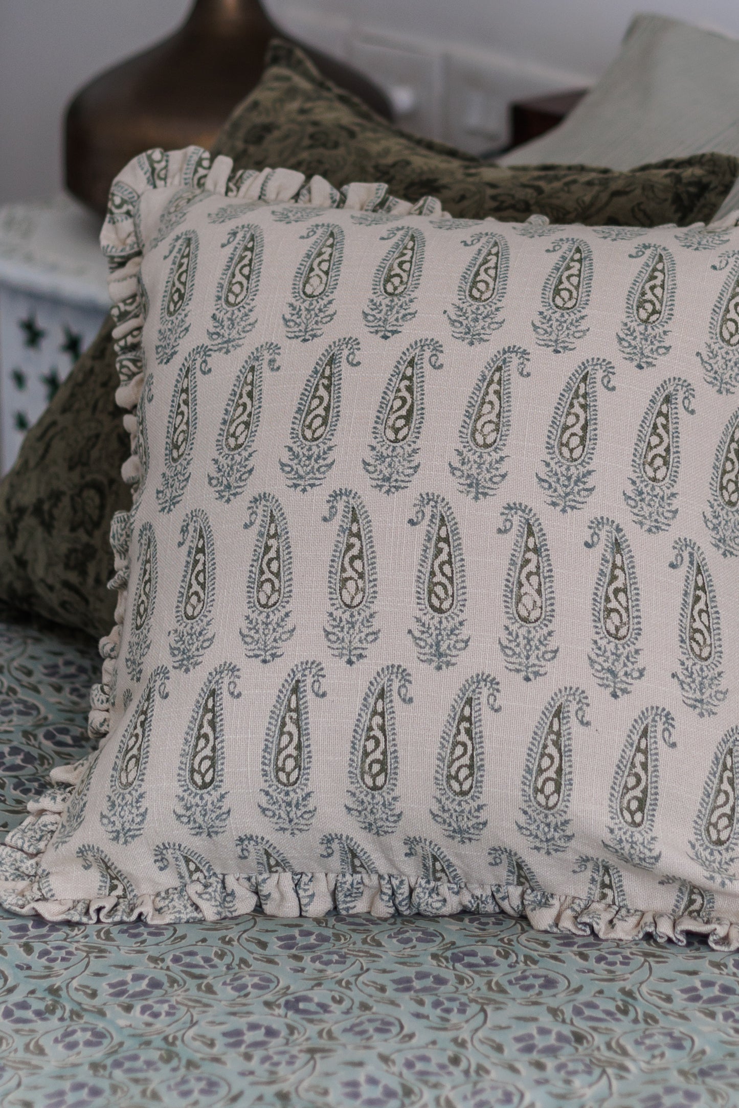Paisley Block print Ruffle Cushion Cover