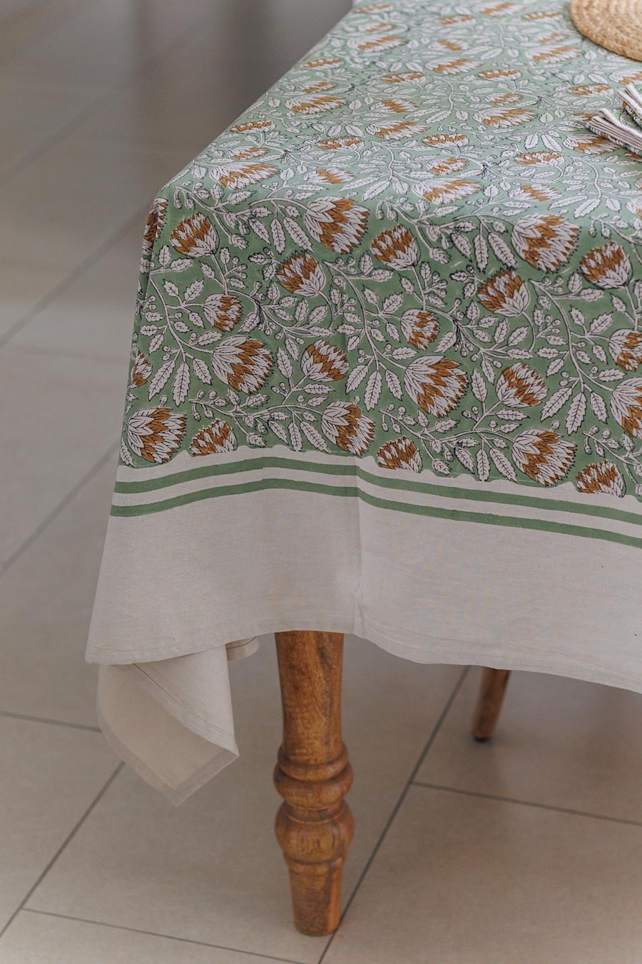 Sage Block Print Table Cover