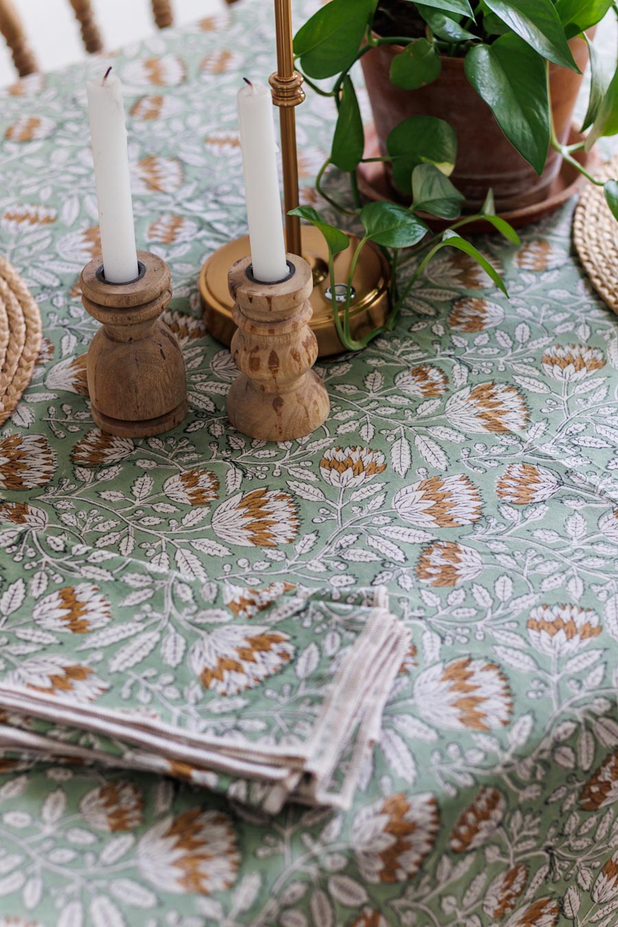 Sage Block Print Table Cover