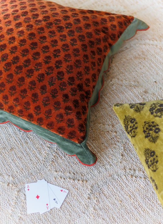 Kesar Block Print Cushion Cover with Scallop edges