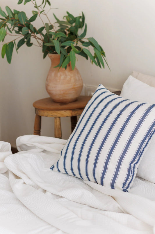 Blue stripe Linen Cushion cover on white bedding