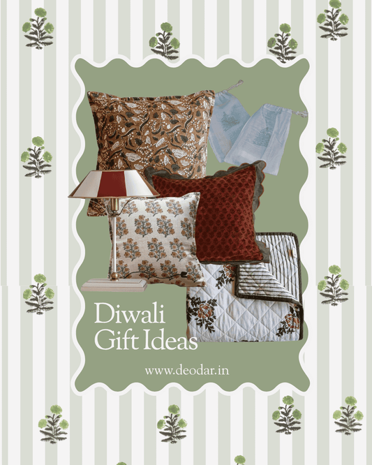 Diwali Gift Ideas collage showing different home decor products like cushion covers, table lamps , napkins 