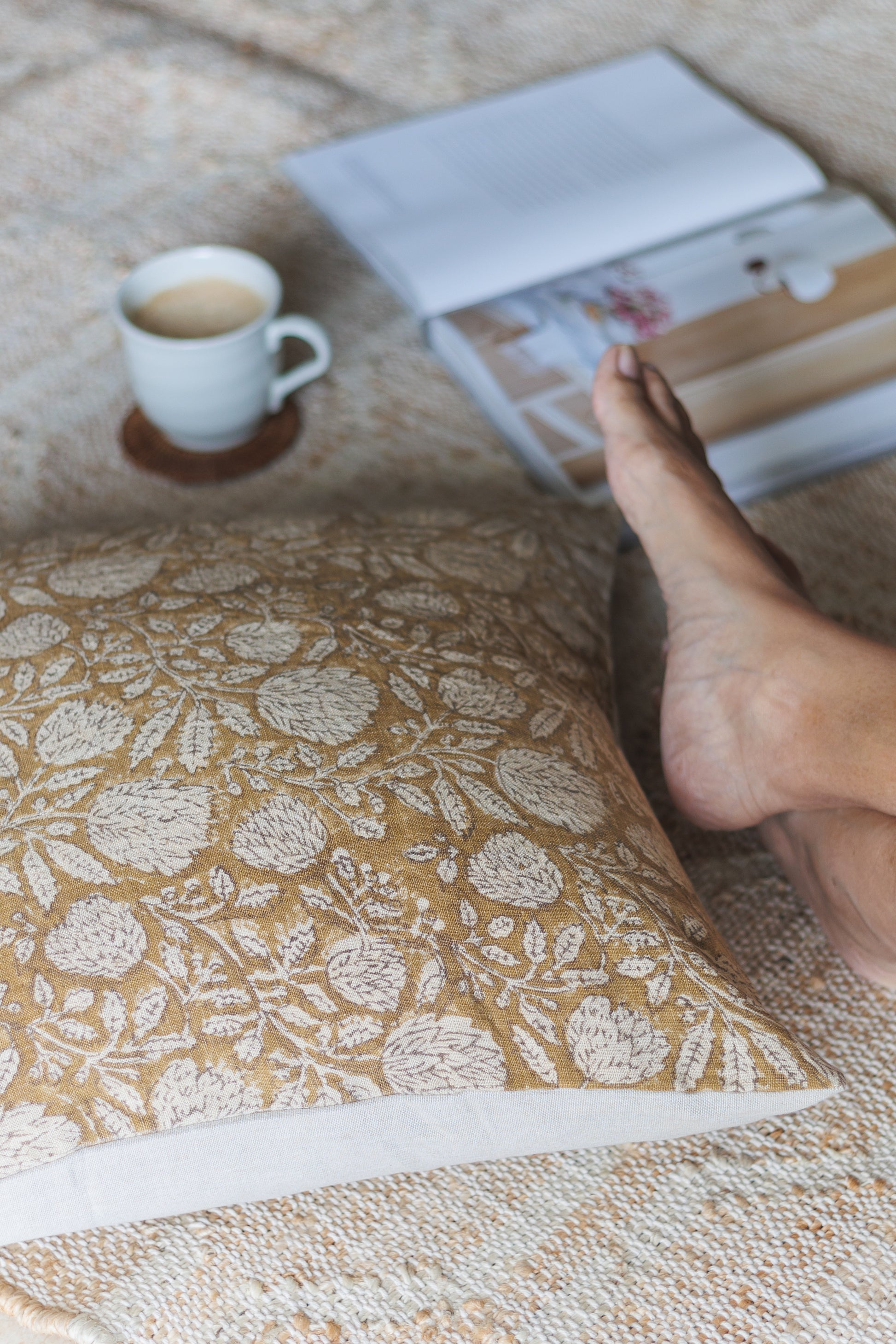 Mustard Floral Jaal Cushion Cover in linen