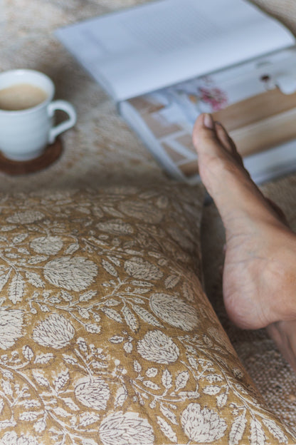Mustard Floral Jaal Cushion Cover in linen