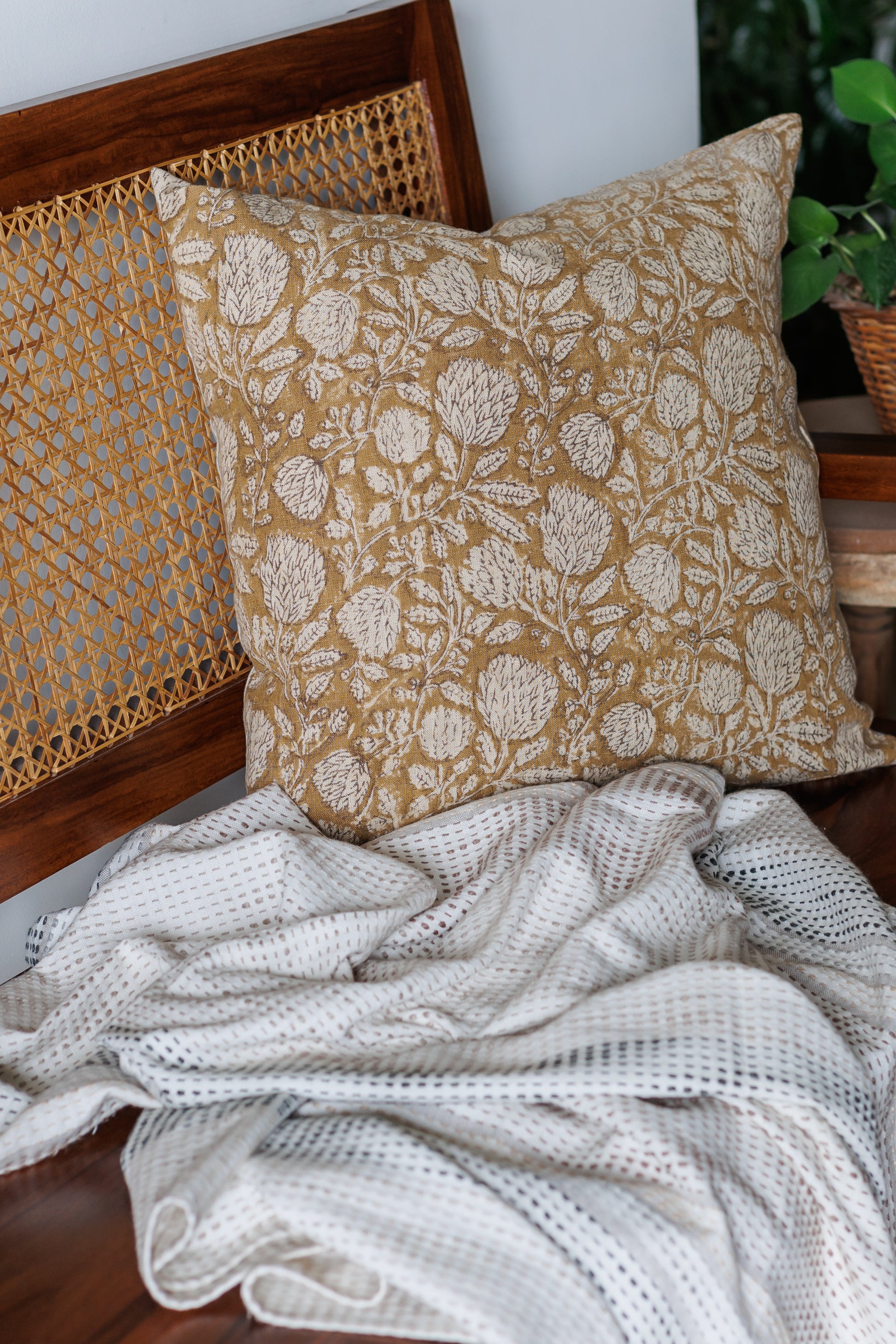 Mustard Floral Jaal Cushion Cover in linen