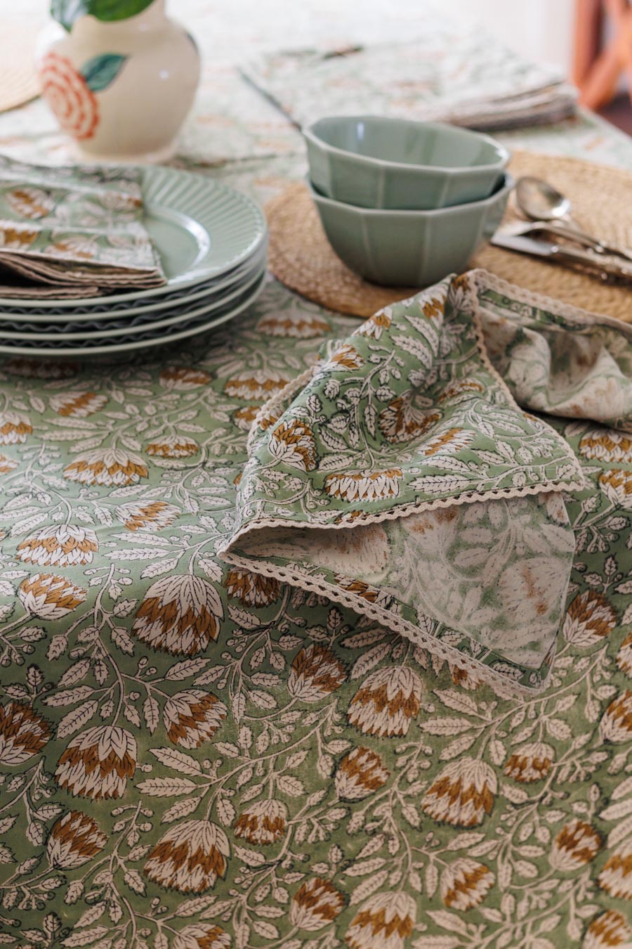Sage Block Print Table Napkins with lace 
