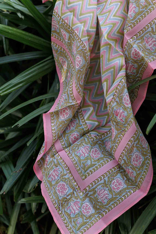 Pastel block print Habutai silk scarf on foliage