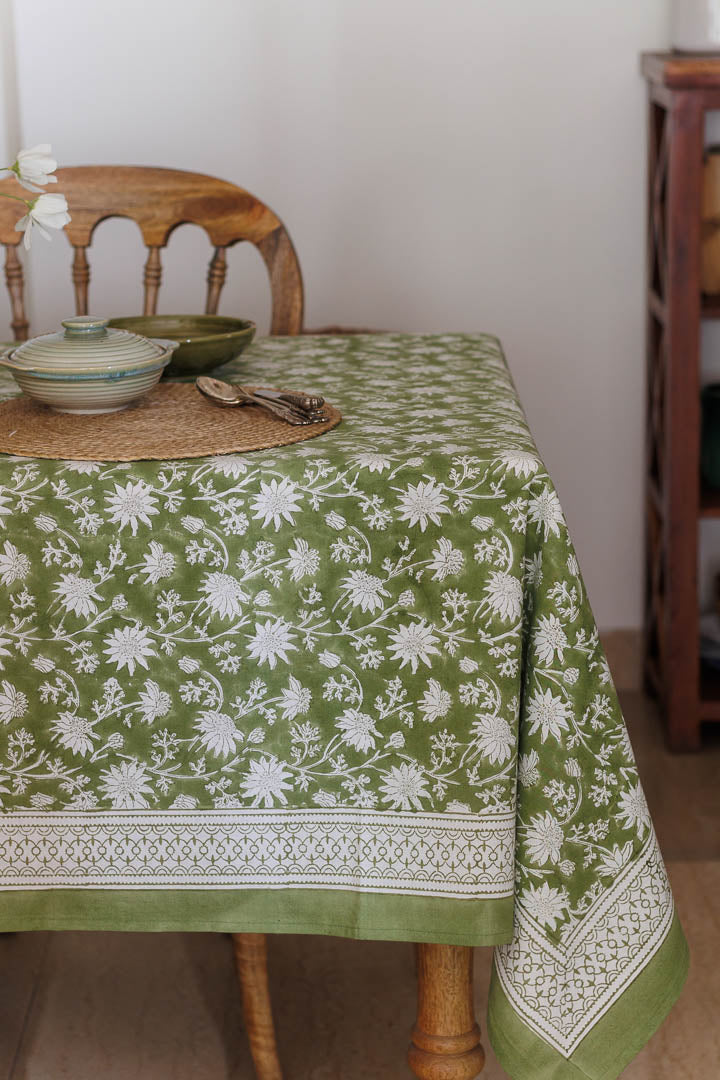 Block Print six seater table cover in green colour