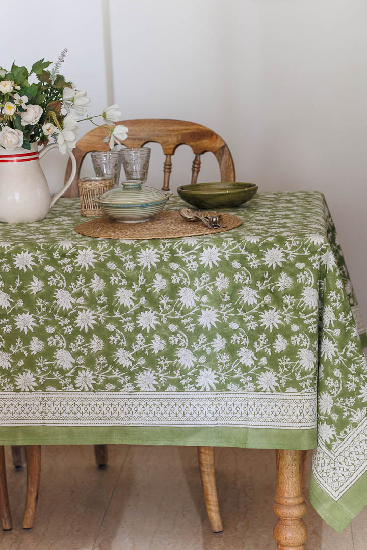 Block Print six seater floral table cover in green colour