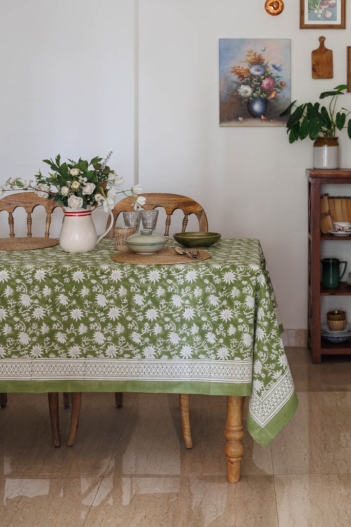 Block Print six seater floral table cover in green colour