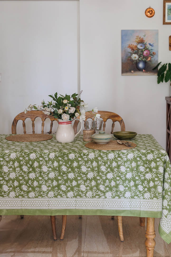 Block Print six seater floral table cover in green colour