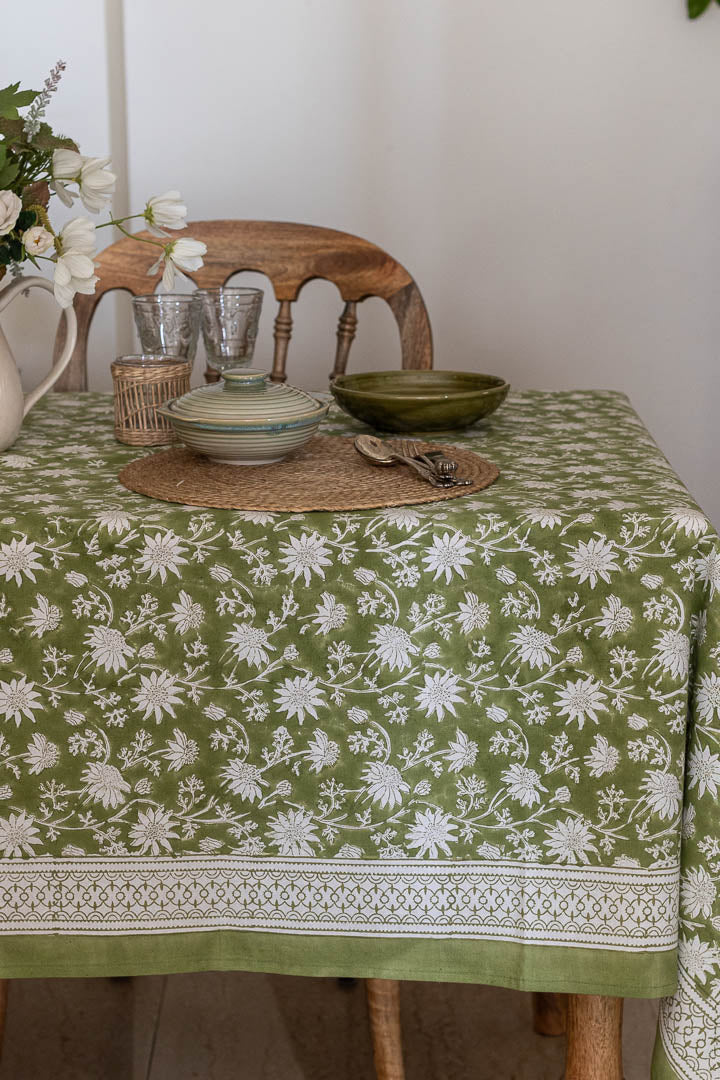 Block Print six seater floral table cover in green colour