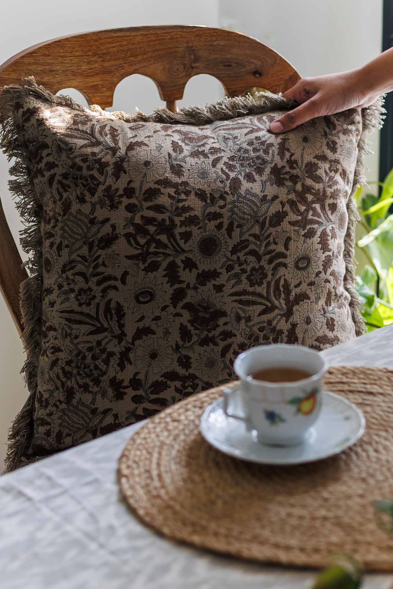 Olive green Block print cushion cover with fringes 