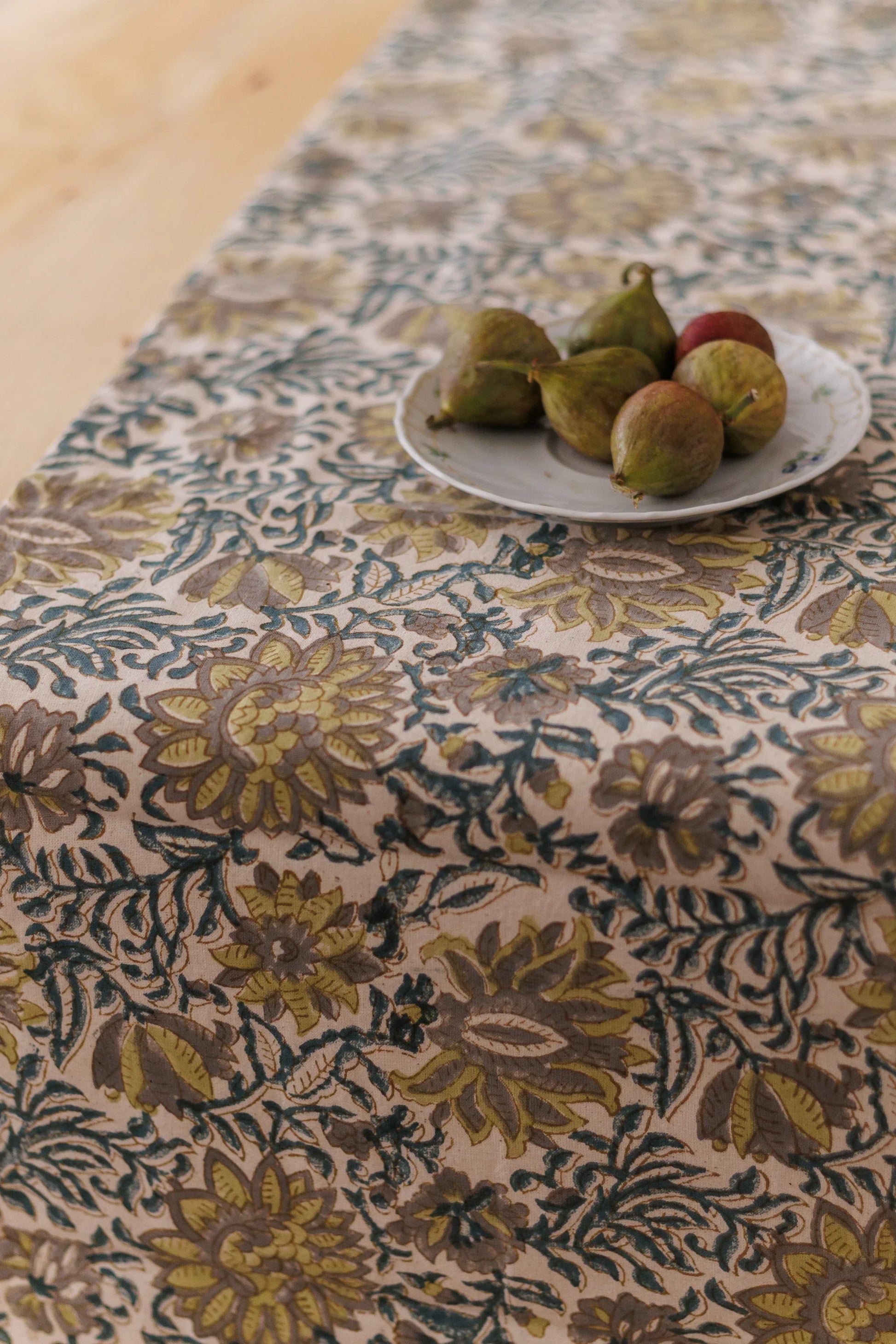 Block print Table Runner with a Plate of Figs