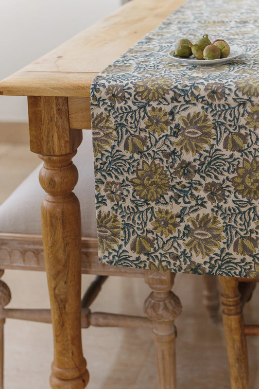 Block print Table Runner on a wooden table with figs