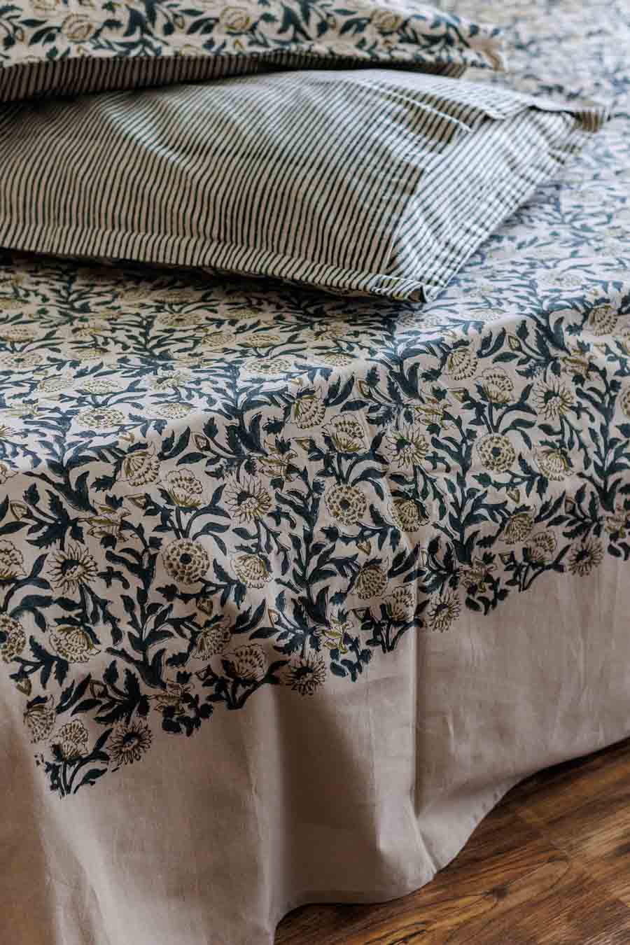 Teal Blue block print bedsheet with matching pillowcase