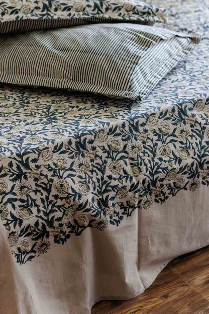 Teal Blue block print bedsheet with matching pillowcase