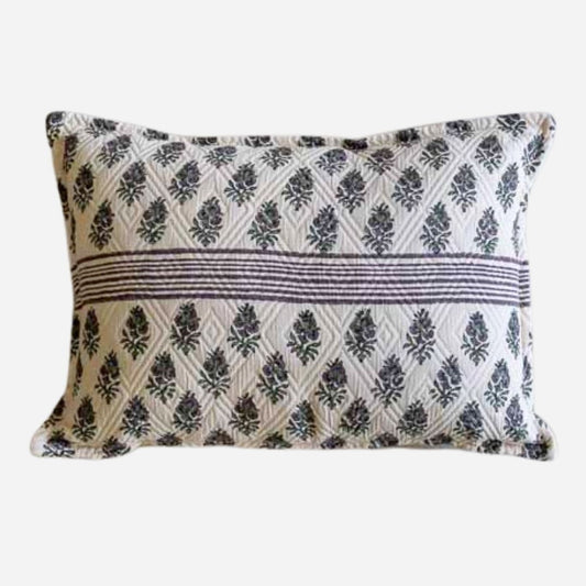 A lumbar cushion cover , featuring a block print  geometric pattern and a horizontal stripe motif in the center.