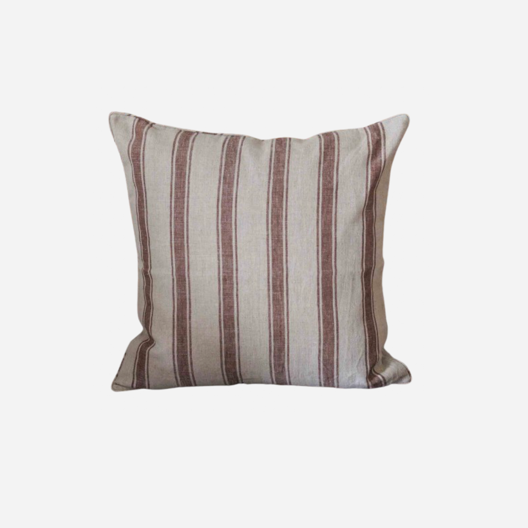 Brown and beige linen cushion cover on a white background