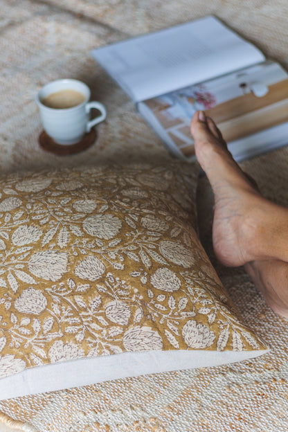 Mustard Floral Jaal Cushion Cover