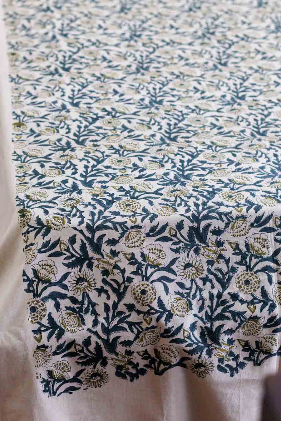 Teal Blue block print bed sheet with matching pillowcase set