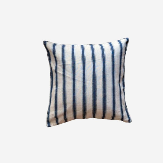 A square throw pillow with vertical navy blue and off-white stripes, shown against a plain light gray background.
