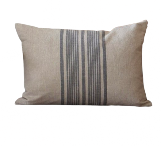 Beige linen cushion with a striped blue pattern on a white background
