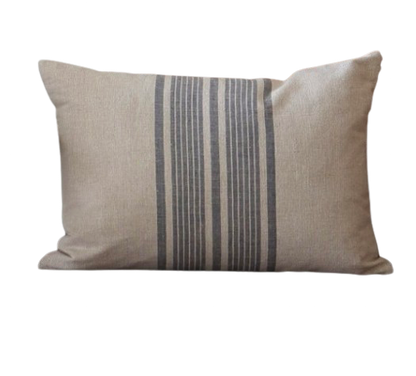 Beige linen cushion with a striped blue pattern on a white background