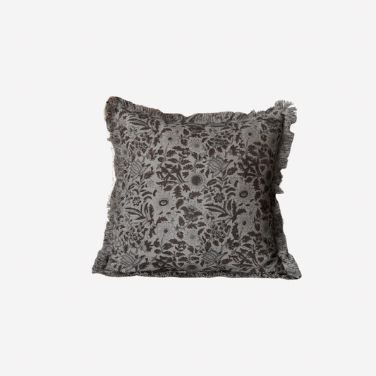 An Olive green block print cushion cover on. White background 