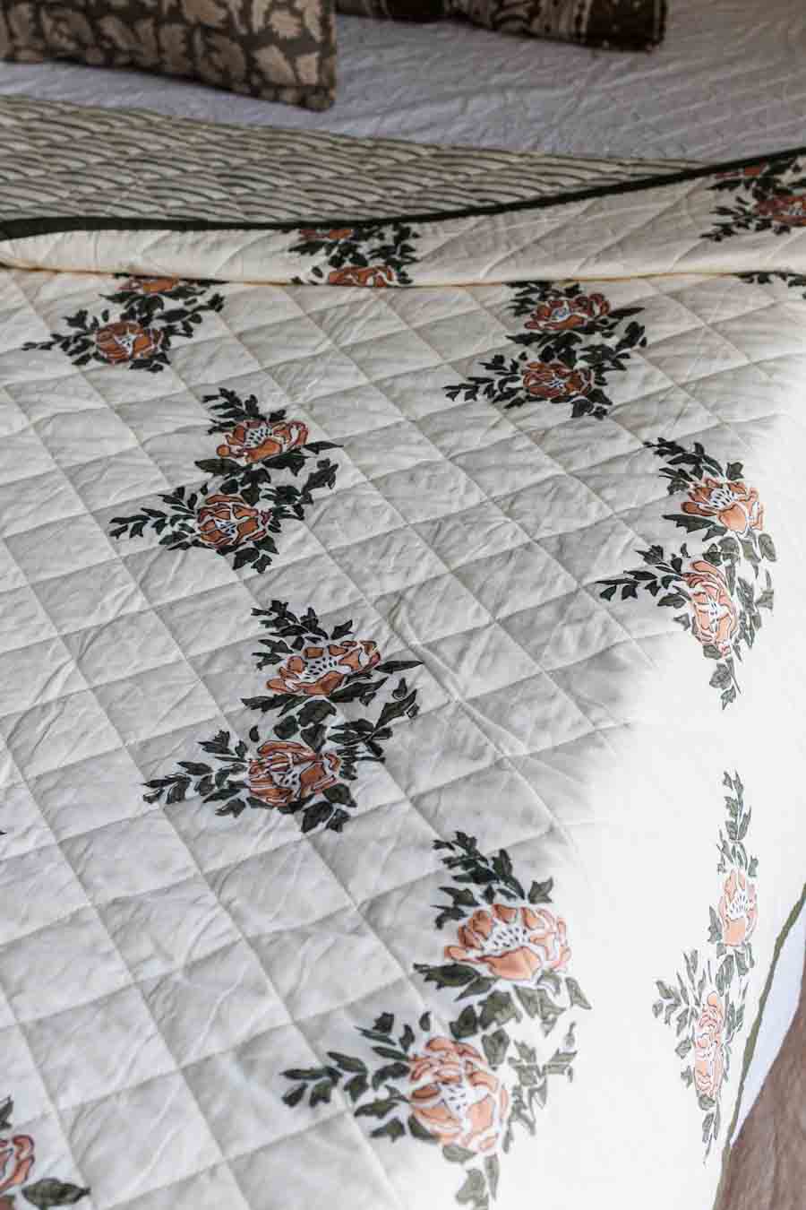 Quilted rose pattern block print bedspread in cotton 