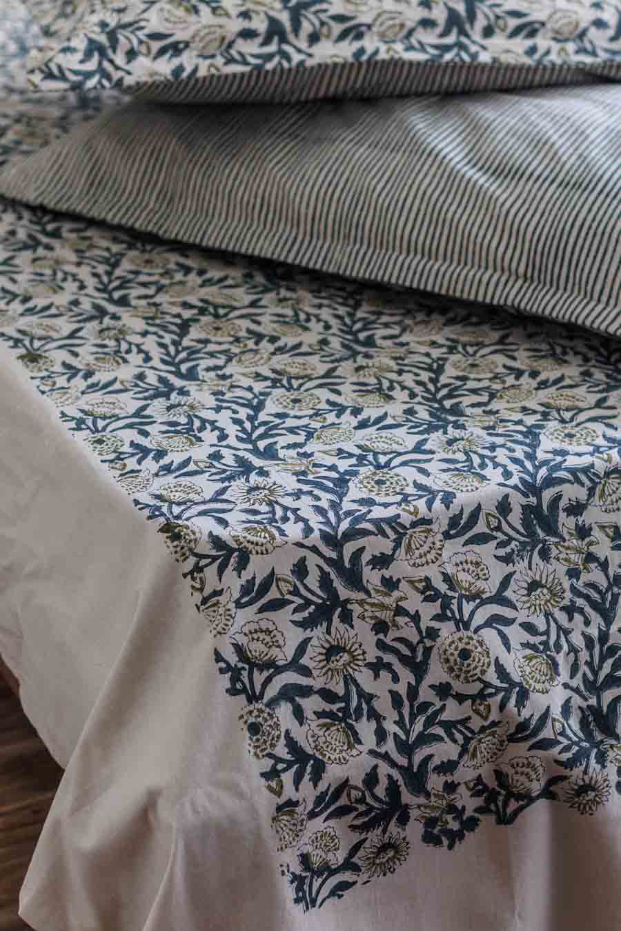 Teal Blue block print bed sheet with matching pillowcase with stripe pattern