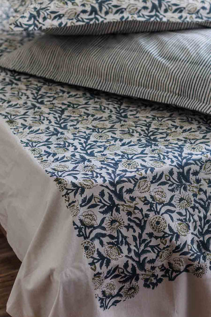 Teal Blue block print bed sheet with matching pillowcase with stripe pattern