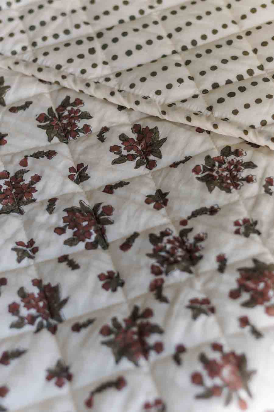 Block Print quilted bedspread closeup  in ditsy vintage style floral print