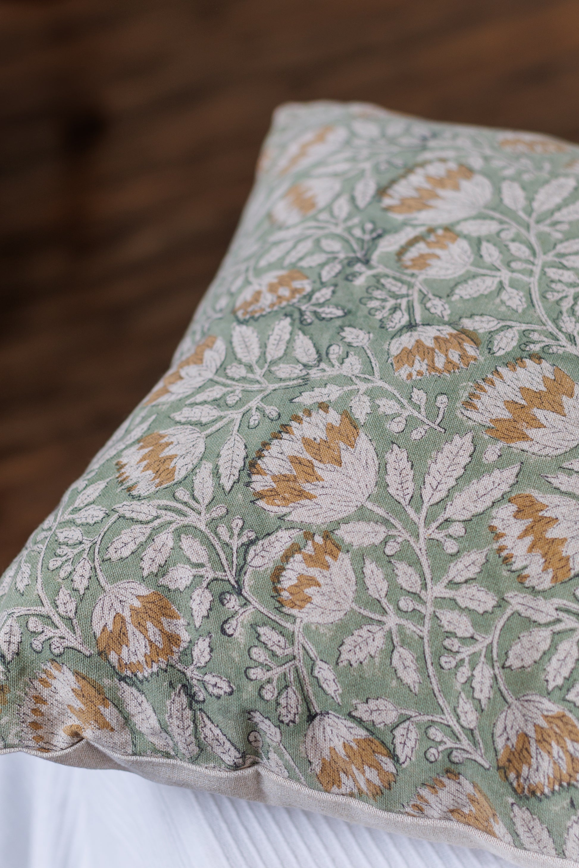 Pista floral jaal block print Cushion Cover close up