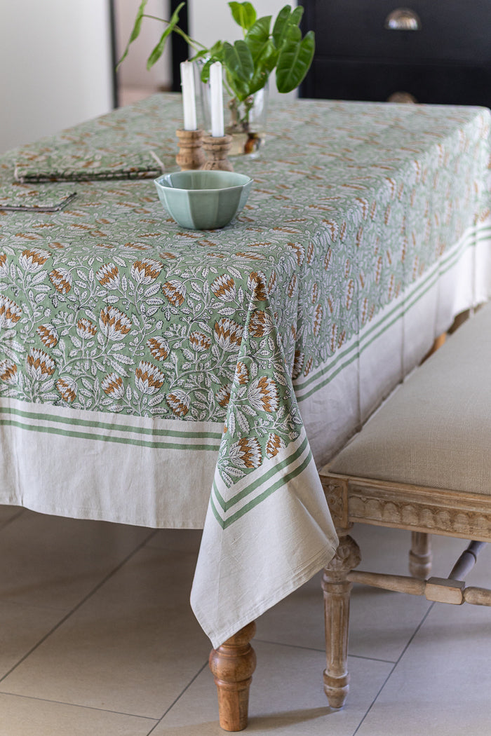 Sage Block Print Table Cloth