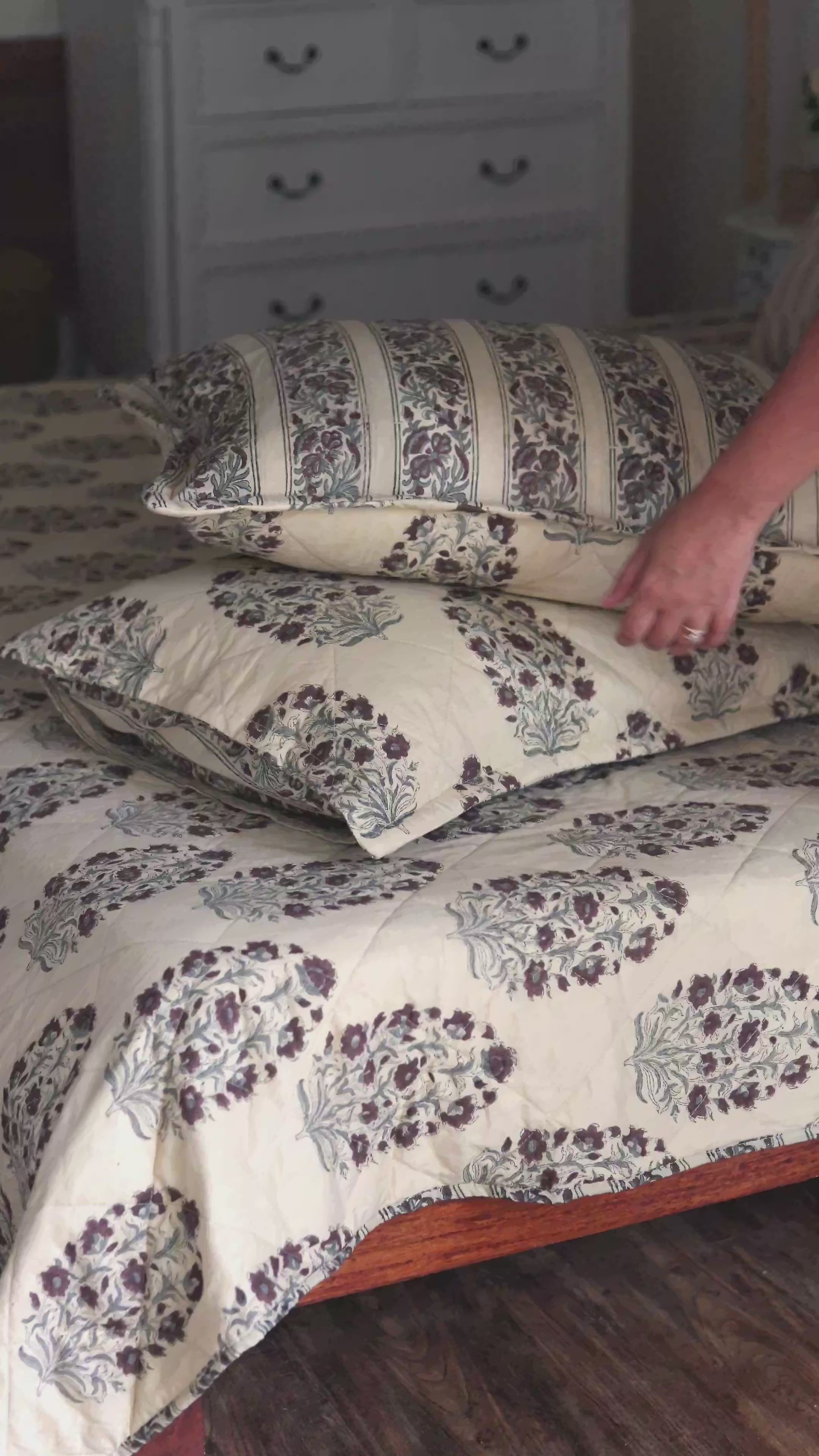 Load video: Reversible Quilted Blockprint Bedspread