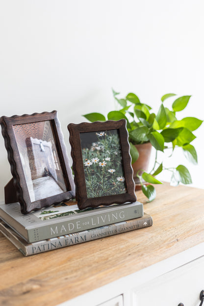 Two framed pictures on a stack of books with a plant in the background
